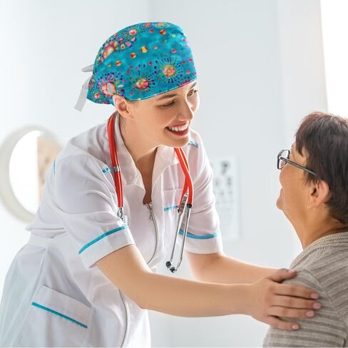 Scrub Caps Women, Surgical Caps with Buttons, Ponytail Nurse Hat, Bouffant Scrub Hats with Hair Scrunchy Adjustable, Turquoise Bohemian Tie-dye Colorful Dots Watercolor Vintage Cute in Kuwait