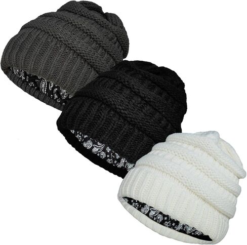 3 Pcs Satin Lined Beanie Hats for Women, Slouchy Winter Skull Cap with Paisley Pattern Silk Lining Cable Knit Snow Hat in Kuwait