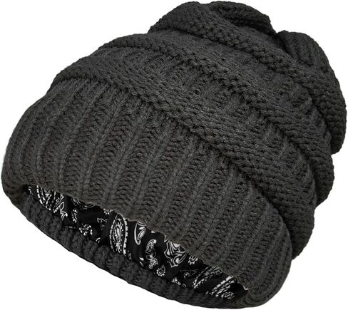 3 Pcs Satin Lined Beanie Hats for Women, Slouchy Winter Skull Cap with Paisley Pattern Silk Lining Cable Knit Snow Hat in Kuwait