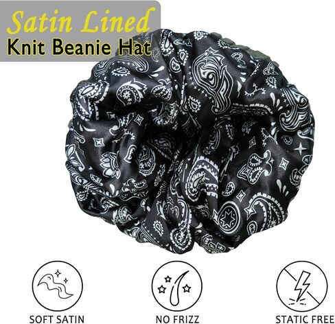 3 Pcs Satin Lined Beanie Hats for Women, Slouchy Winter Skull Cap with Paisley Pattern Silk Lining Cable Knit Snow Hat in Kuwait