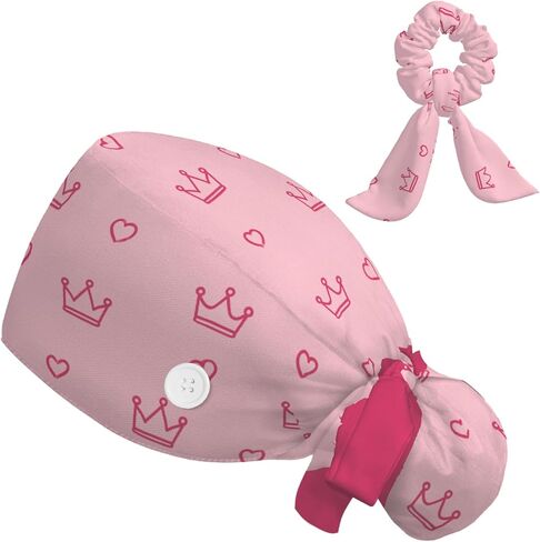 Scrub Caps Women Ponytail, Adjustable Surgical Caps with Buttons and Sweatband, Bouffant Hat with Hair Scrunchy, Nurse Hat, Working Cap, Princess Crown Print Pink Kawaii Cartoon Lovely Cute in Saudi Arabia