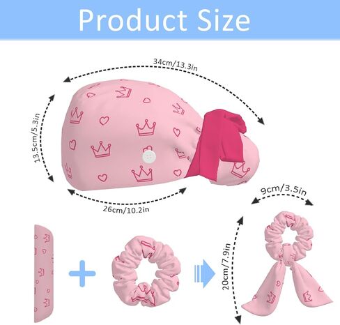 Scrub Caps Women Ponytail, Adjustable Surgical Caps with Buttons and Sweatband, Bouffant Hat with Hair Scrunchy, Nurse Hat, Working Cap, Princess Crown Print Pink Kawaii Cartoon Lovely Cute in Saudi Arabia
