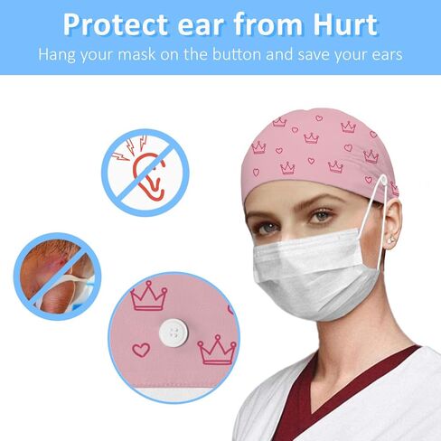 Scrub Caps Women Ponytail, Adjustable Surgical Caps with Buttons and Sweatband, Bouffant Hat with Hair Scrunchy, Nurse Hat, Working Cap, Princess Crown Print Pink Kawaii Cartoon Lovely Cute in Saudi Arabia