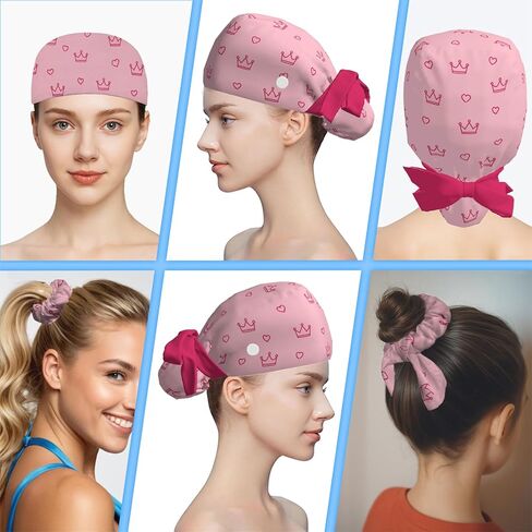 Scrub Caps Women Ponytail, Adjustable Surgical Caps with Buttons and Sweatband, Bouffant Hat with Hair Scrunchy, Nurse Hat, Working Cap, Princess Crown Print Pink Kawaii Cartoon Lovely Cute in Saudi Arabia