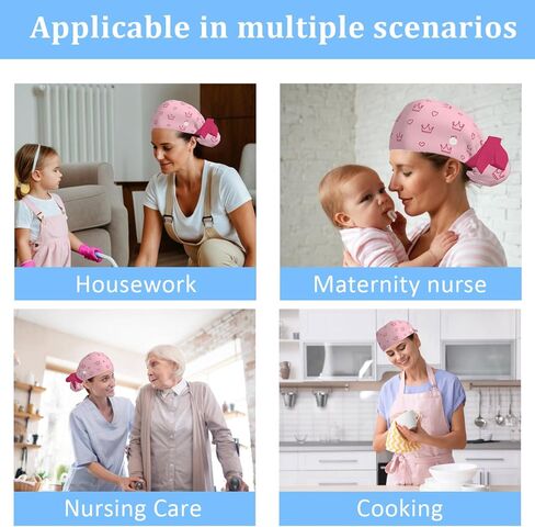 Scrub Caps Women Ponytail, Adjustable Surgical Caps with Buttons and Sweatband, Bouffant Hat with Hair Scrunchy, Nurse Hat, Working Cap, Princess Crown Print Pink Kawaii Cartoon Lovely Cute in Saudi Arabia