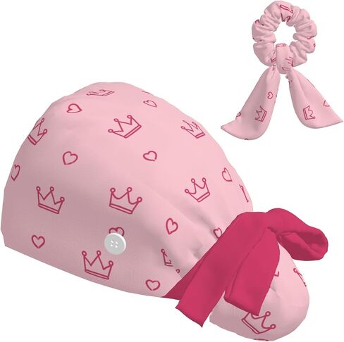 Scrub Caps Women Ponytail, Adjustable Surgical Caps with Buttons and Sweatband, Bouffant Hat with Hair Scrunchy, Nurse Hat, Working Cap, Princess Crown Print Pink Kawaii Cartoon Lovely Cute in Saudi Arabia