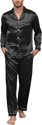 Mens Silk Pajama Set Satin Pajamas Set for Men Long Sleeve Button-Down Sleepwear Loungewear with Pants in Kuwait