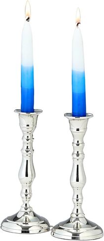 طقم حامل شمعدان السبت مكون من 2 ألومنيوم مطلي بالنيكل | حاملات شموع تقليدية أنيقة من Judaica Shabbos Gifts Hostess Centerpiece مقاس 7 بوصات ارتفاع (تصميم محيطي كلاسيكي) in Saudi Arabia