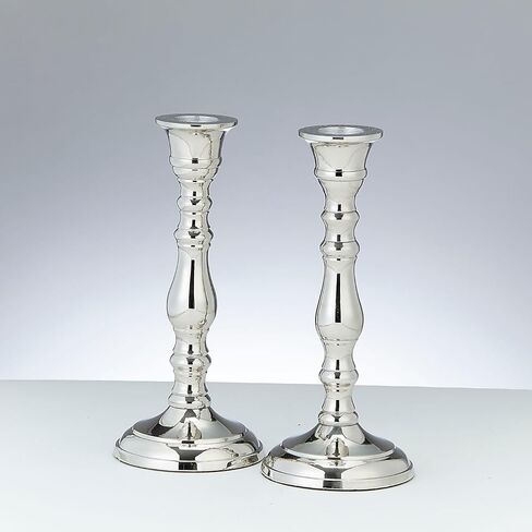 طقم حامل شمعدان السبت مكون من 2 ألومنيوم مطلي بالنيكل | حاملات شموع تقليدية أنيقة من Judaica Shabbos Gifts Hostess Centerpiece مقاس 7 بوصات ارتفاع (تصميم محيطي كلاسيكي) in Saudi Arabia