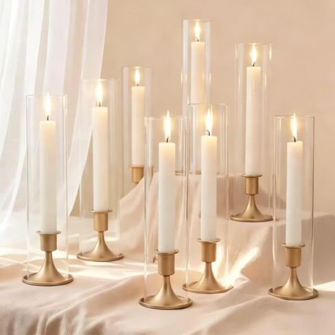 Hurricane Candlestick Holders Gold - 6 Pcs Gold Hurricane Candle Holders with Glass Cylinder for Wedding Table, Party, Birthday, Home & Christmas Decoration in Saudi Arabia