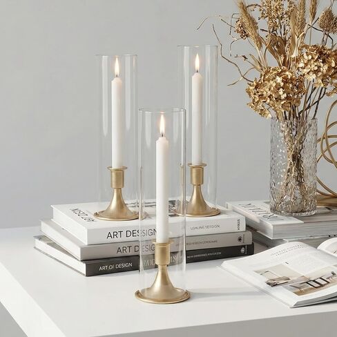 Hurricane Candlestick Holders Gold - 6 Pcs Gold Hurricane Candle Holders with Glass Cylinder for Wedding Table, Party, Birthday, Home & Christmas Decoration in Saudi Arabia