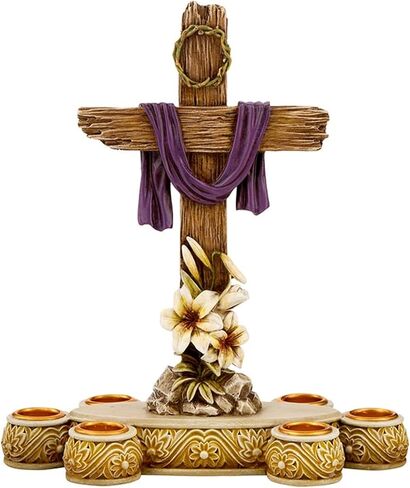 Easter Décor - He is Risen Cross Candle Holder with Lilies, 8" W x 9" H, Lenten Candleholder in Kuwait