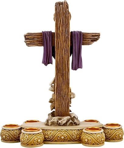 Easter Décor - He is Risen Cross Candle Holder with Lilies, 8" W x 9" H, Lenten Candleholder in Kuwait