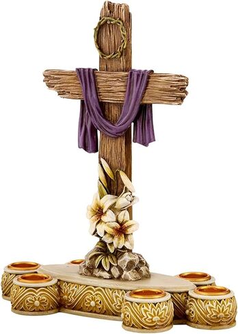 Easter Décor - He is Risen Cross Candle Holder with Lilies, 8" W x 9" H, Lenten Candleholder in Kuwait