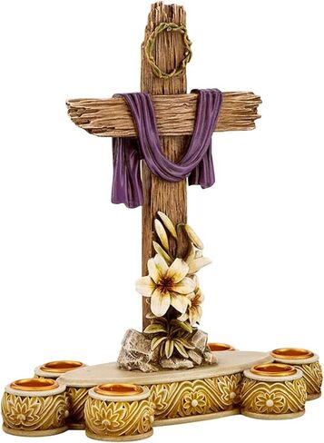 Easter Décor - He is Risen Cross Candle Holder with Lilies, 8" W x 9" H, Lenten Candleholder in Kuwait