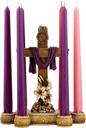 Easter Décor - He is Risen Cross Candle Holder with Lilies, 8" W x 9" H, Lenten Candleholder in Kuwait