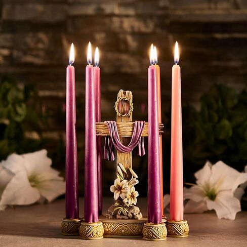 Easter Décor - He is Risen Cross Candle Holder with Lilies, 8" W x 9" H, Lenten Candleholder in Kuwait