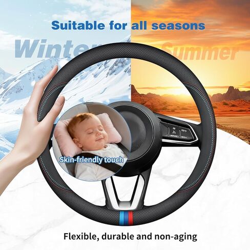 Nappa Leather Car Steering Wheel Cover for 2023 2024 2025 2026 Mazda CX-50 CX-5 CX-30 CX-90 Accessories, Universal 14.5-15 Inch, Non-Slip and Breathable, Black in Kuwait