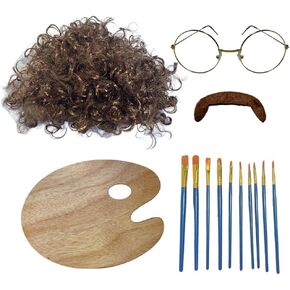 14 Pcs Halloween Painter Costume Adults 80s Painter Costume Accessories Including Wig Beard Glasses Paint Palette Brushes Kit for Artist Cosplay Costume in Kuwait