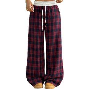 hathne Plaid Pants for Women Elastic Drawstring High Waisted Wide Leg Pants Casual Checkered Baggy Trousers with Pockets in Kuwait