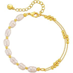 KELMALL 18K Gold Plated Bracelet for Women – Paperclip Chain Toggle Clasp or Freshwater Pearl Double Layer Beaded Bracelet – 6.69 Inch Elegant Jewelry Gift in Kuwait