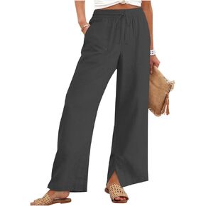Pants for Women Loose Drawstring Elastic Waist Linen Trousers Straight Leg Beach Clothes Pockets with Side Slits in Kuwait