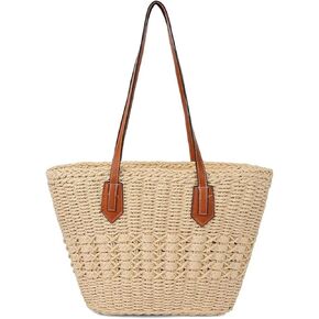 حقيبة كتف نسائية كبيرة منسوجة من القش، حقيبة شاطئ مصنوعة يدويًا ومحفظة صيفية مع سحاب للإغلاق in Kuwait
