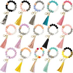 15 Pcs Silicone Beaded Wristlet Keychain, Cute Car Key Ring Bracelet for Women, Wristlet Keychain Bulk with Tassel Bangle Chain in Kuwait