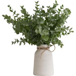 ينبع الأوكالبتوس الاصطناعي في مزهرية سيراميك بيضاء مضلعة، نباتات خضراء واقعية 14 بوصة ترتيبات نباتات صناعية ديكور منزلي قطع مركزية لحفلات الزفاف in Kuwait