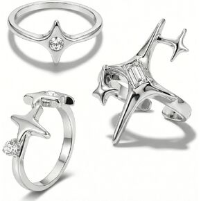 مجموعة 3 قطع من خواتم المفصل ذات اللون الفضي العتيق، حلقات مفتوحة على شكل نجمة مجوفة قابلة للتعديل للتكديس والطبقات، مجوهرات مكتنزة للرجال والنساء، إكسسوار الجرونج القوطي الجمالي in Kuwait