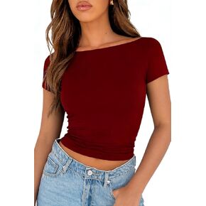 ForeFair Short Sleeve Shirt Women Boat Neck Going Out Top Basic Summer Tight Tee in Kuwait