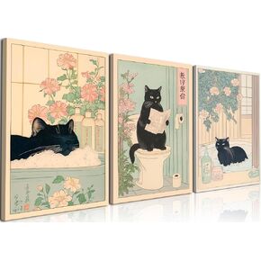 Funny Bathroom Wall Art Set of 3, Japanese Cute Black Cat Wall Decor Paintings, Rustic Animal Pictures Canvas Prints Home Decor for Bathroom Toilet, 12x16 inch Framed in Saudi Arabia