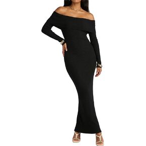 MAKABO Women's Off The Shoulder Sweater Dress Long Sleeve Bodycon Midi Ribbed Knit Cocktail Party Elegant Night Out Dress in Kuwait