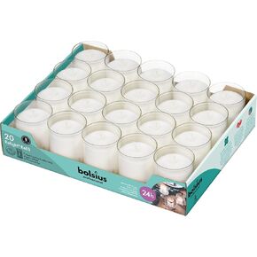 BOLSIUS 24 Hour Votive Candles - 20 Pack Restaurant Candles in Clear Unbreakable Plastic Cups - Premium European Quality - Unscented Smokeless Relight, Birthday, Party & Wedding Candles in Kuwait