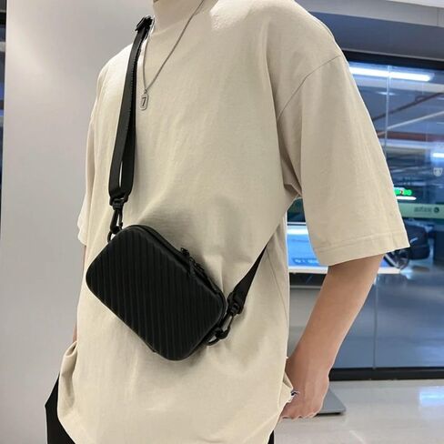 Diagonal Striped Shoulder Bag PU Unisex Lightweight Crossbody Zipper Men's Messenger Bags(Black) in Saudi Arabia