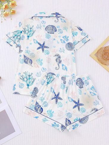 Women's 2 Piece Sea Turtle Print Pajama Sets Summer Marine Sleepwear Short Sleeve Nightwear Soft Lounge Sets XS in Kuwait