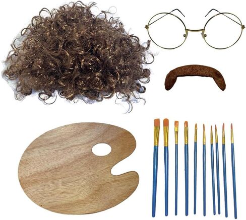 14 قطعة من زي رسام الهالوين للبالغين من إكسسوارات زي رسام الثمانينيات بما في ذلك نظارات اللحية المستعارة ومجموعة فرش لوحة الطلاء للفنانين التنكرية in Kuwait