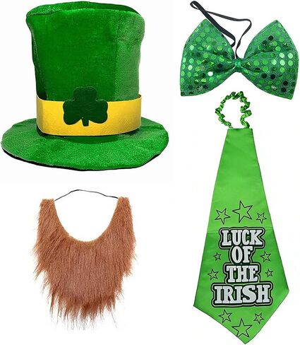 مجموعة إكسسوارات أزياء Leprechaun لعيد القديس باتريك - قبعة ولحية وربطة عنق وربطة عنق لإكمال مظهرك الساحر المحظوظ (للرجال والنساء) in Saudi Arabia