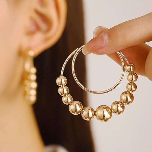 Statement Gold Beaded Big Hoop Earrings for Women Trendy, Dainty Chunky Double Circle Round Beads Ball Earring Y2K Party Ear Jewelry Accessories Gifts in Kuwait