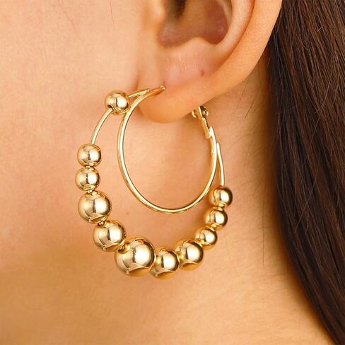 Statement Gold Beaded Big Hoop Earrings for Women Trendy, Dainty Chunky Double Circle Round Beads Ball Earring Y2K Party Ear Jewelry Accessories Gifts in Kuwait