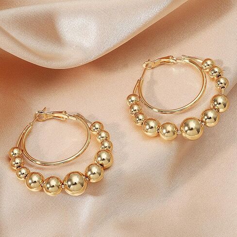 Statement Gold Beaded Big Hoop Earrings for Women Trendy, Dainty Chunky Double Circle Round Beads Ball Earring Y2K Party Ear Jewelry Accessories Gifts in Kuwait