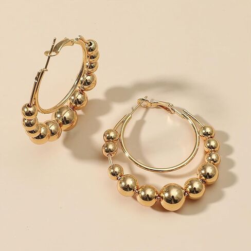 Statement Gold Beaded Big Hoop Earrings for Women Trendy, Dainty Chunky Double Circle Round Beads Ball Earring Y2K Party Ear Jewelry Accessories Gifts in Kuwait