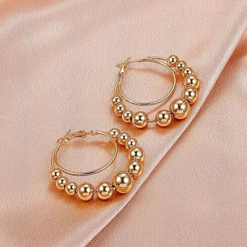 Statement Gold Beaded Big Hoop Earrings for Women Trendy, Dainty Chunky Double Circle Round Beads Ball Earring Y2K Party Ear Jewelry Accessories Gifts in Kuwait