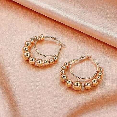 Statement Gold Beaded Big Hoop Earrings for Women Trendy, Dainty Chunky Double Circle Round Beads Ball Earring Y2K Party Ear Jewelry Accessories Gifts in Kuwait