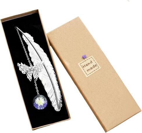 Metal Feather Bookmark - Elegant Alloy Book Marker with Present Box, Vintage Style Reading Accessory for Book Lovers (Silver Feather with Purple Diamond) in Saudi Arabia