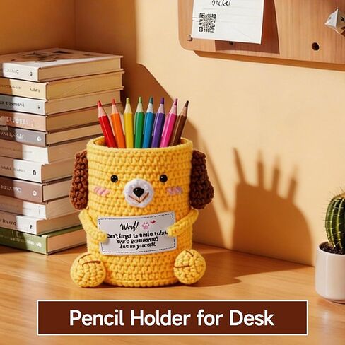 Crochet Puppy Plush Pencil Holder with Encouragement Card – Cute Desk Organizer, Handmade Dog Pen Holder Gift for Women, Coworkers, Students, Birthday or Graduation in Kuwait