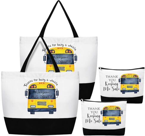Abbylike 4 Pcs School Bus Driver Gifts Inspirational Canvas Tote Bags Makeup Bags with Zipper for Women Men Awesome Bus Driver Appreciation Day Gifts Thank You for Keeping Me Safe Back to School in Saudi Arabia