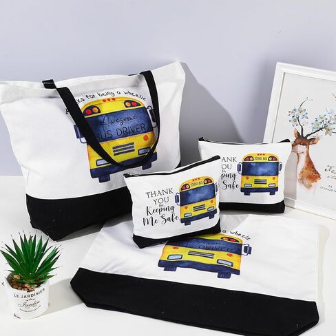 Abbylike 4 Pcs School Bus Driver Gifts Inspirational Canvas Tote Bags Makeup Bags with Zipper for Women Men Awesome Bus Driver Appreciation Day Gifts Thank You for Keeping Me Safe Back to School in Saudi Arabia