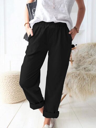 Women's Summer Straight Pants Loose Elastic Waist Casual Trousers Pants with Pockets in Saudi Arabia
