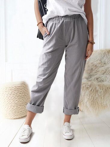 Women's Summer Straight Pants Loose Elastic Waist Casual Trousers Pants with Pockets in Saudi Arabia